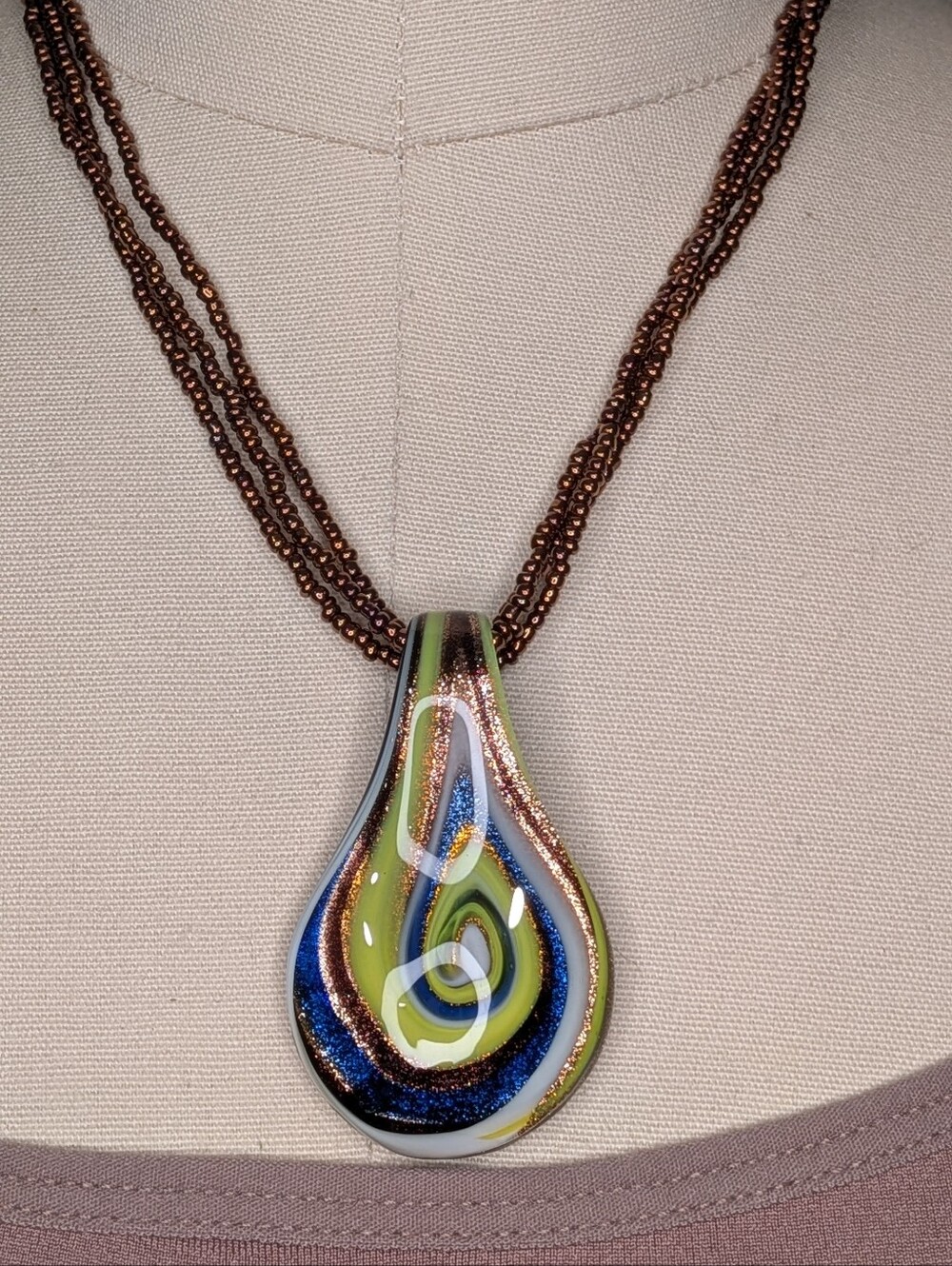 Murano Style Swirl Art Glass Pendant Triple Strand Copper Seed Bead Necklace